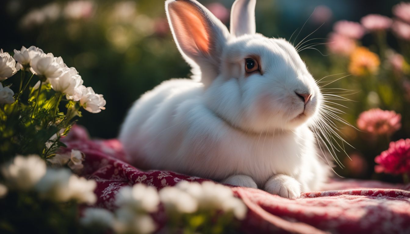 A peaceful rabbit resting on a cozy blanket surrounded by flowers, captured in vivid detail and vibrant colors.