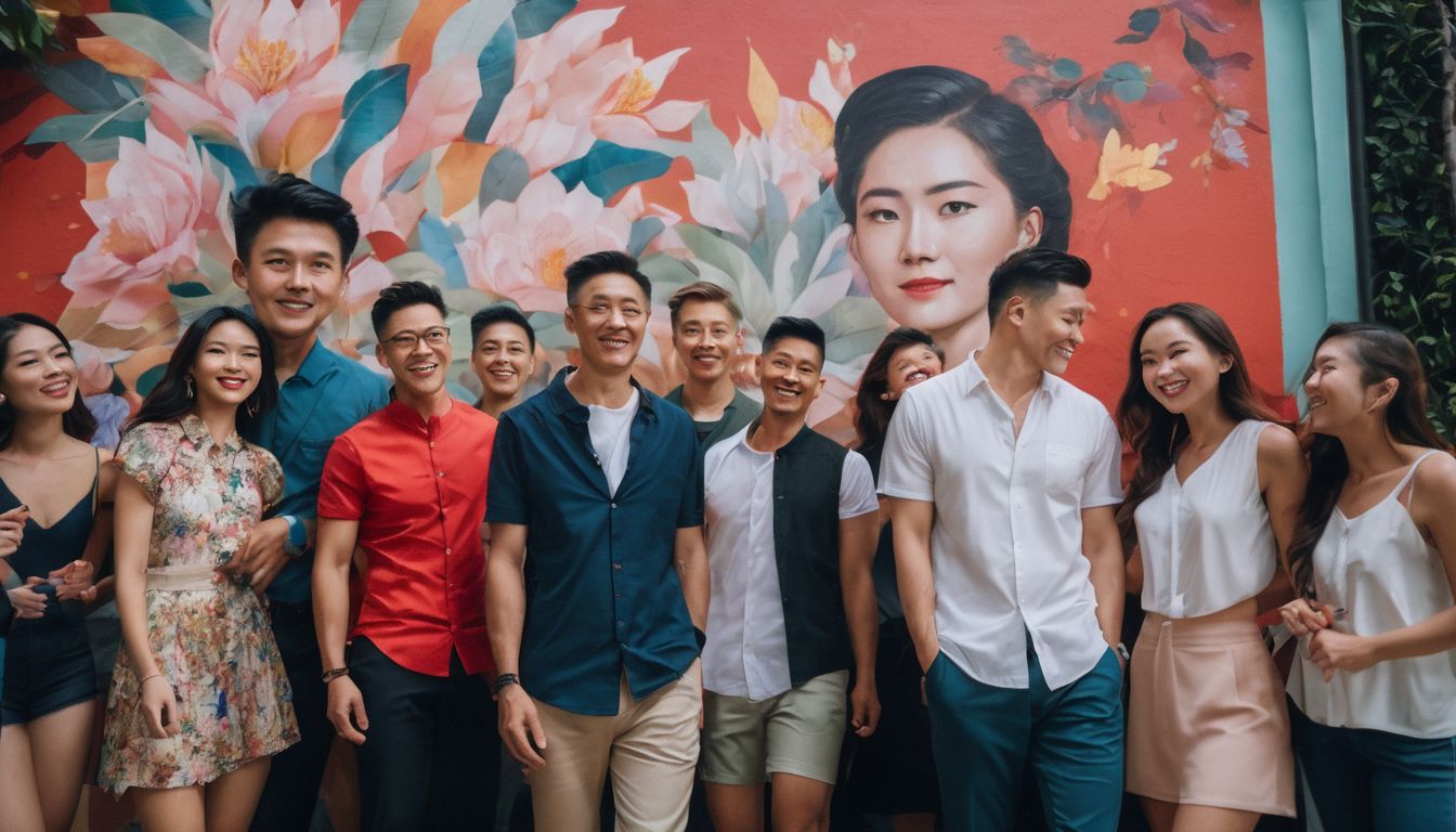 A diverse group of individuals stand in front of a multicultural mural in Singapore, showcasing the city's heritage.