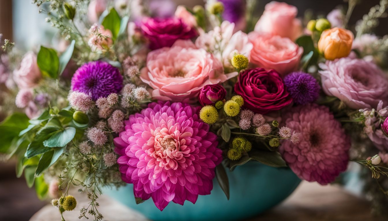 A photo of a colorful floral arrangement with various budget-friendly flower options and people of different appearances and attire.