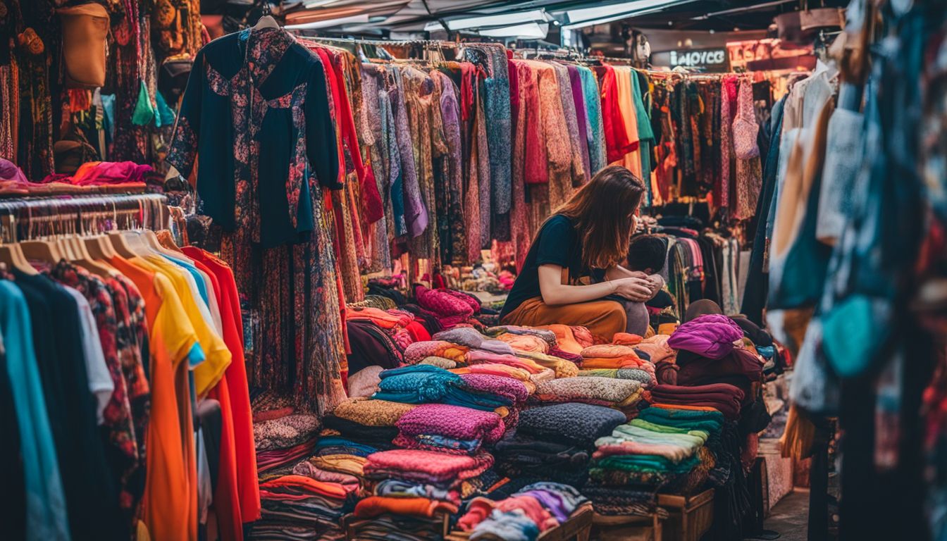 A vibrant and bustling street market filled with colorful clothes and souvenirs, capturing different faces and styles.