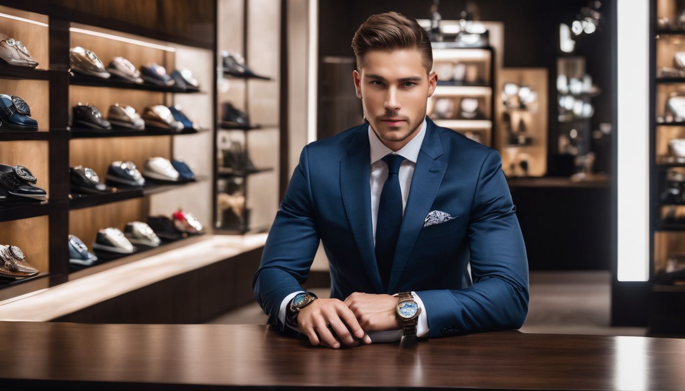 A person with a luxurious watch poses in a high-end watch boutique, showcasing different faces, hairstyles, and outfits.