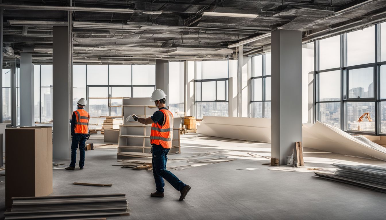 A construction worker installs ceiling boards in a modern office space with a bustling atmosphere.