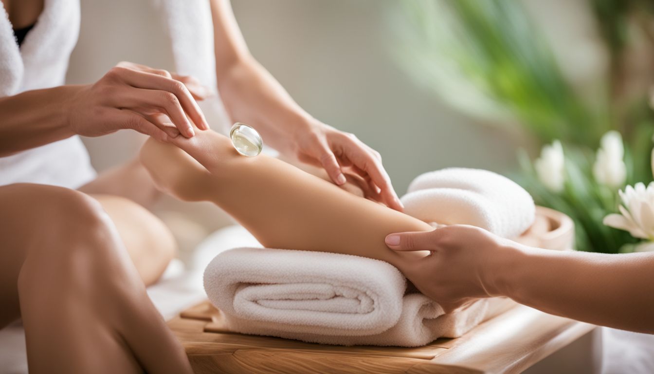 A woman receiving a callus treatment pedicure in a tranquil spa setting, with different faces, hair styles, and outfits.