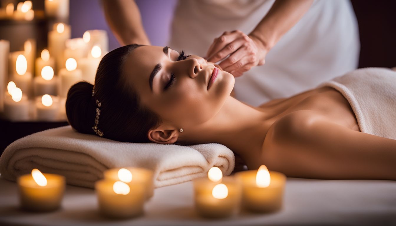 A woman enjoying a spa massage surrounded by candles in a bustling atmosphere.