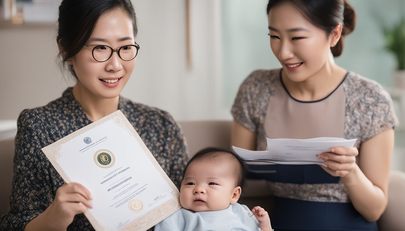 A Singaporean confinement nanny holding a certification document with a nurturing baby in the background.