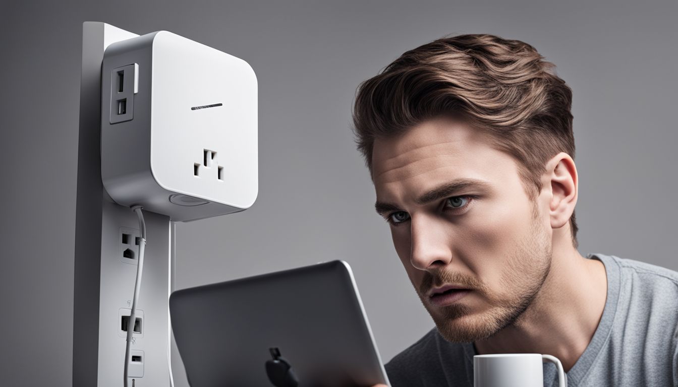 A person inspects a power outlet with concern while holding a MacBook charger.