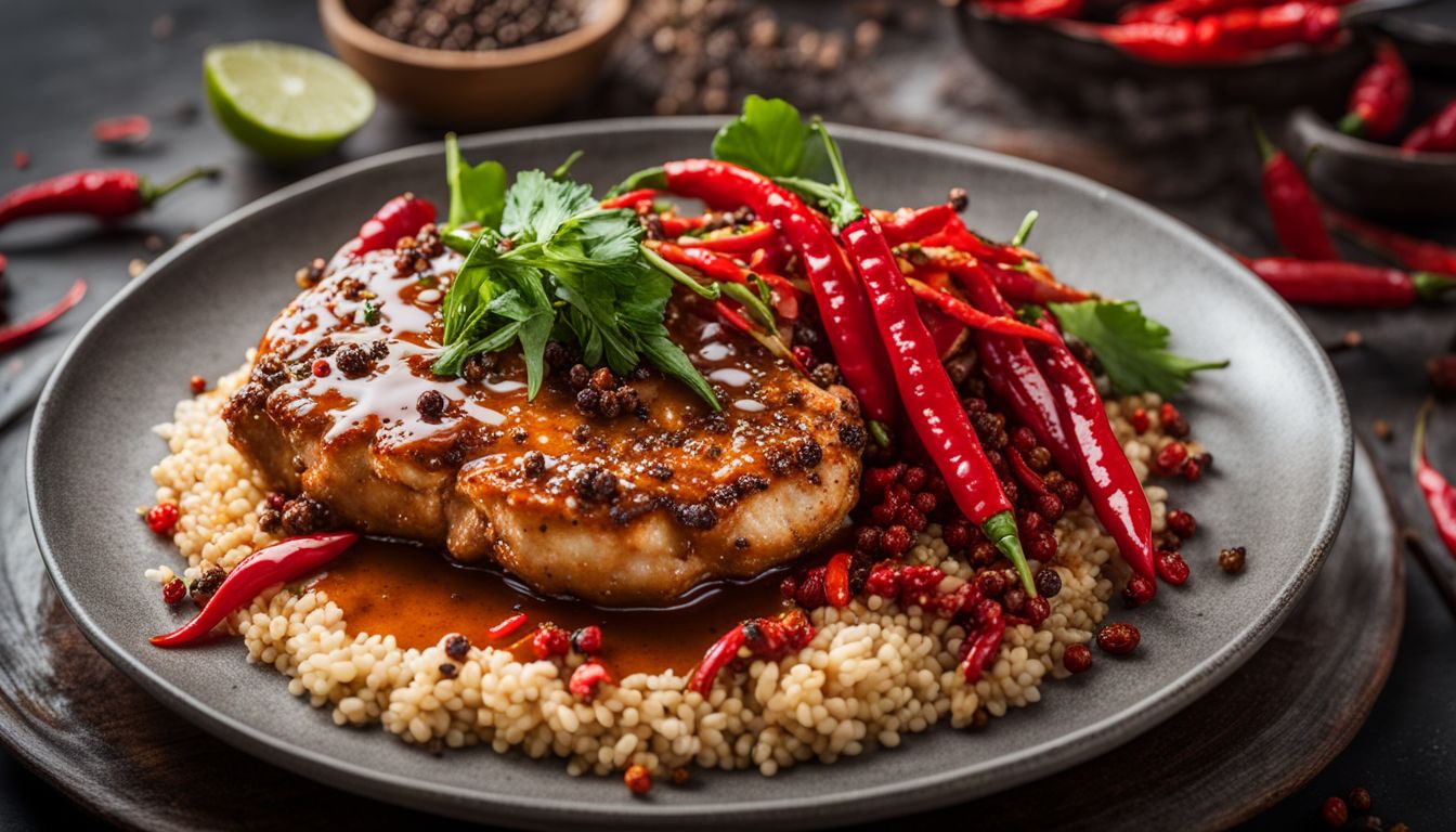 A vibrant and delicious sizzling chicken chop with mala sauce surrounded by Sichuan peppercorns and chili peppers.