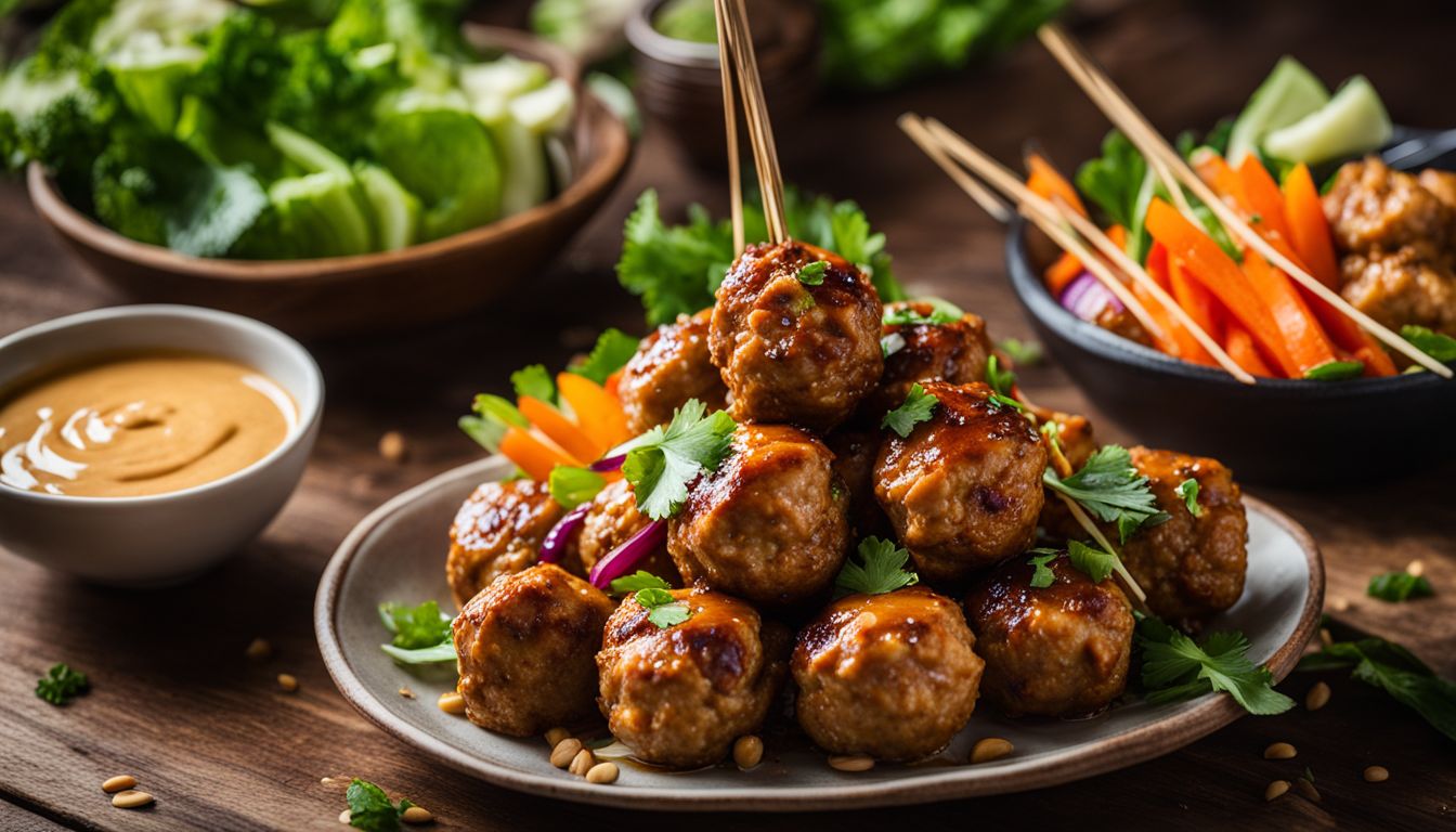 A plate of Chicken Satay Meatballs with vibrant vegetables and a peanut sauce dip.