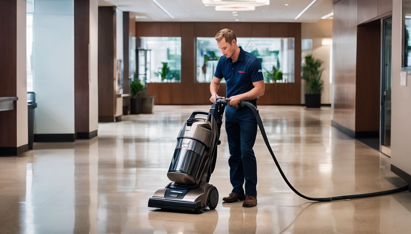 An office cleaner using a vacuum cleaner in a well-lit lobby, showcasing different faces, hairstyles, and outfits.