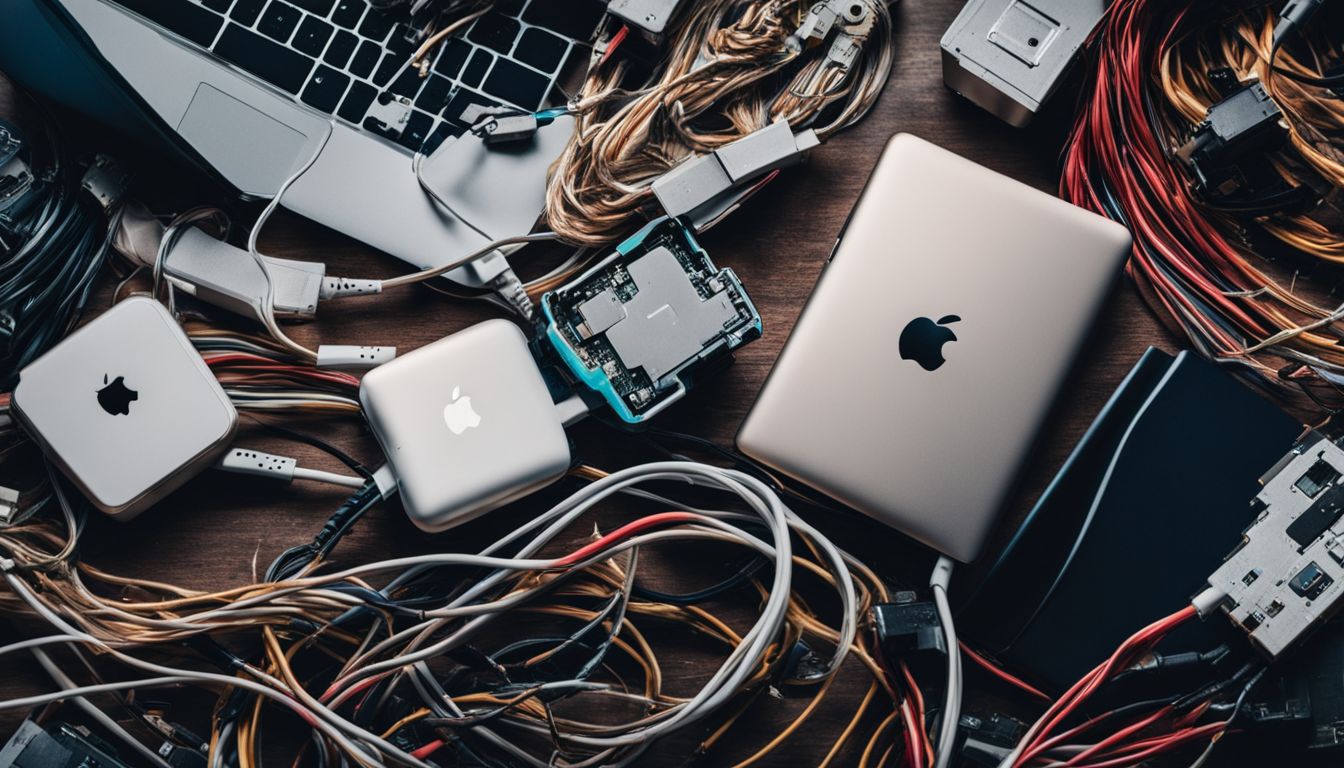 A frayed MacBook charger cable plugged into a laptop amidst a pile of electronic waste.