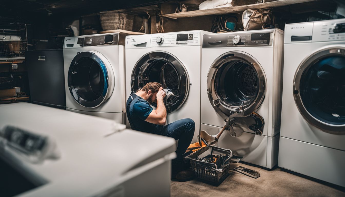 A repairman examines a malfunctioning dryer in a busy laundry room filled with tools and spare parts.