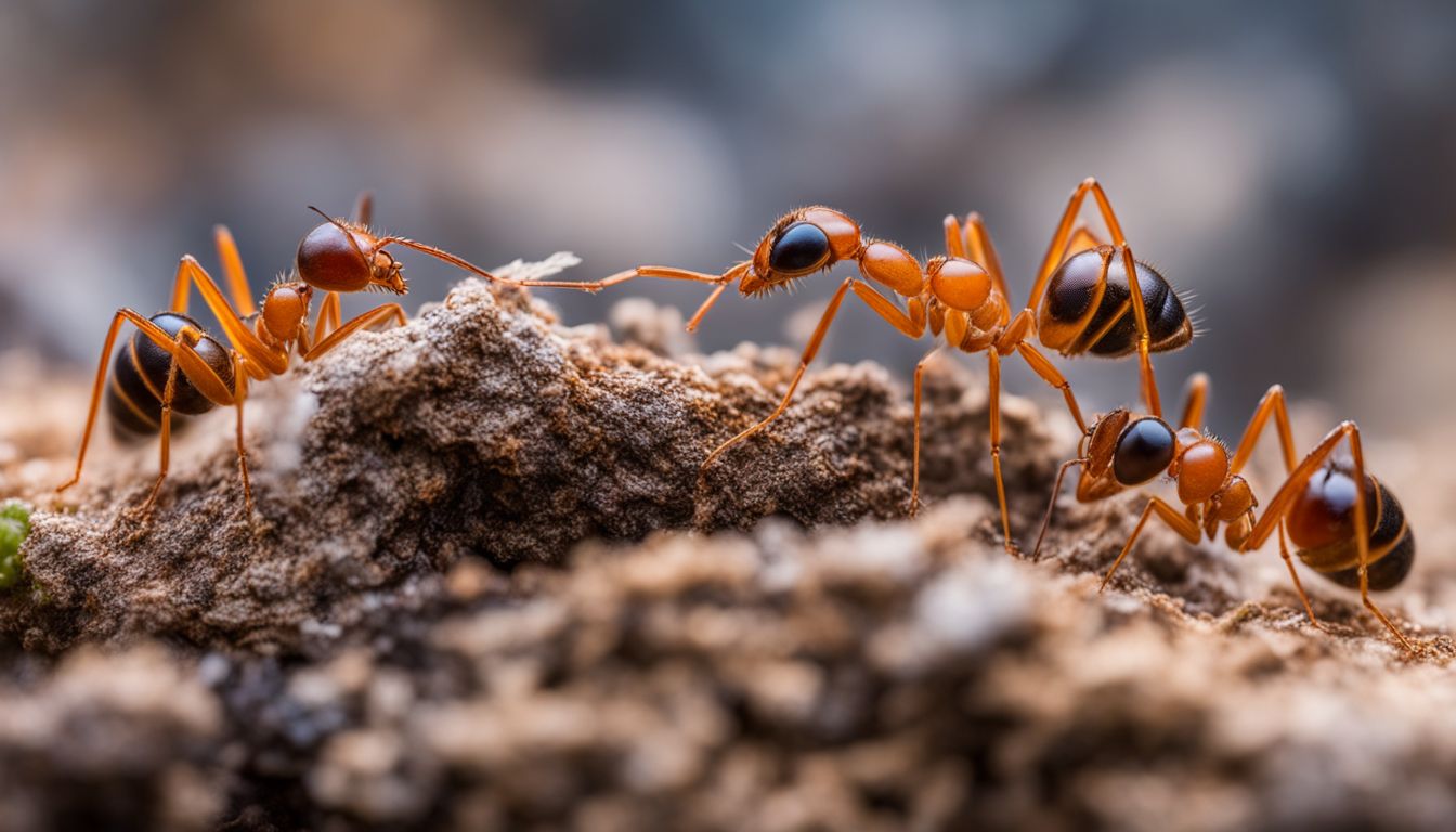 A close-up shot of various types of ants in their natural habitat, showcasing their diversity and activity.