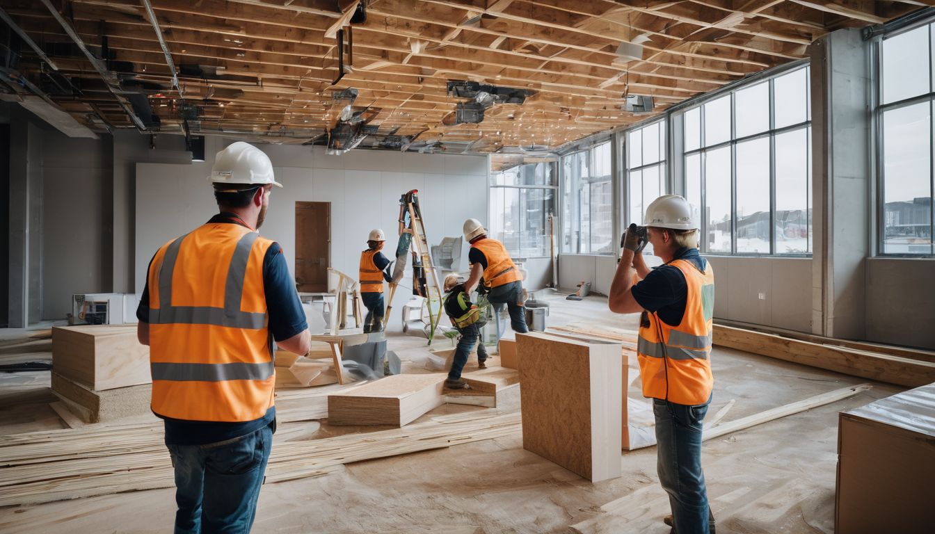 A team of construction workers installing ceiling boards in a commercial space, captured in a vibrant and realistic photograph.