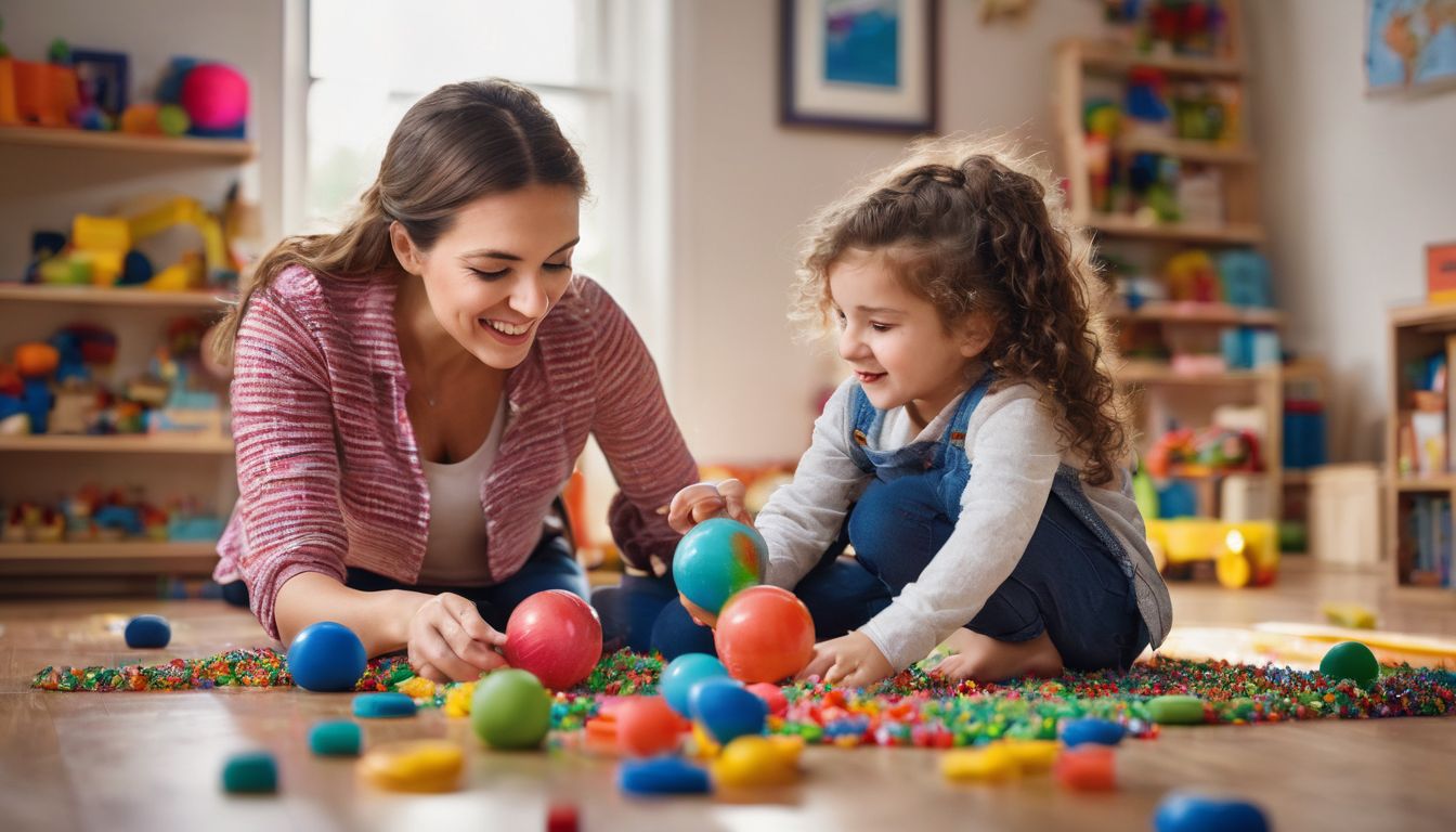 A caring nanny playing with children in a colorful indoor environment.