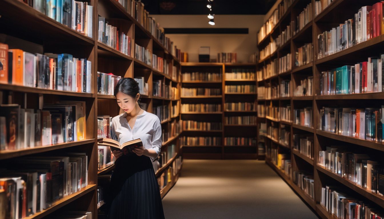 A person reads a book about Singapore's cultural heritage surrounded by shelves of nonfiction books in a bustling library.