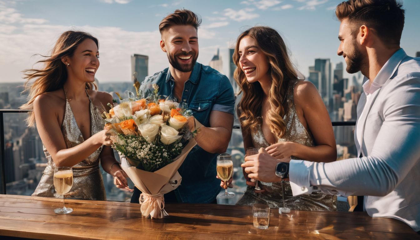 A group of friends celebrate with a money bouquet at a rooftop bar, capturing the vibrant atmosphere and joyful moment.