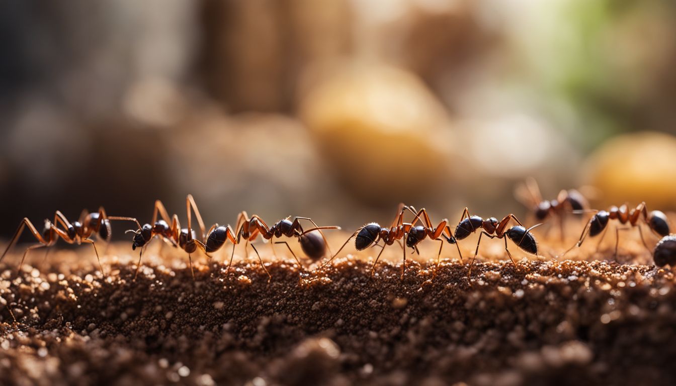 A close-up shot of ants marching towards a bait station in a kitchen.