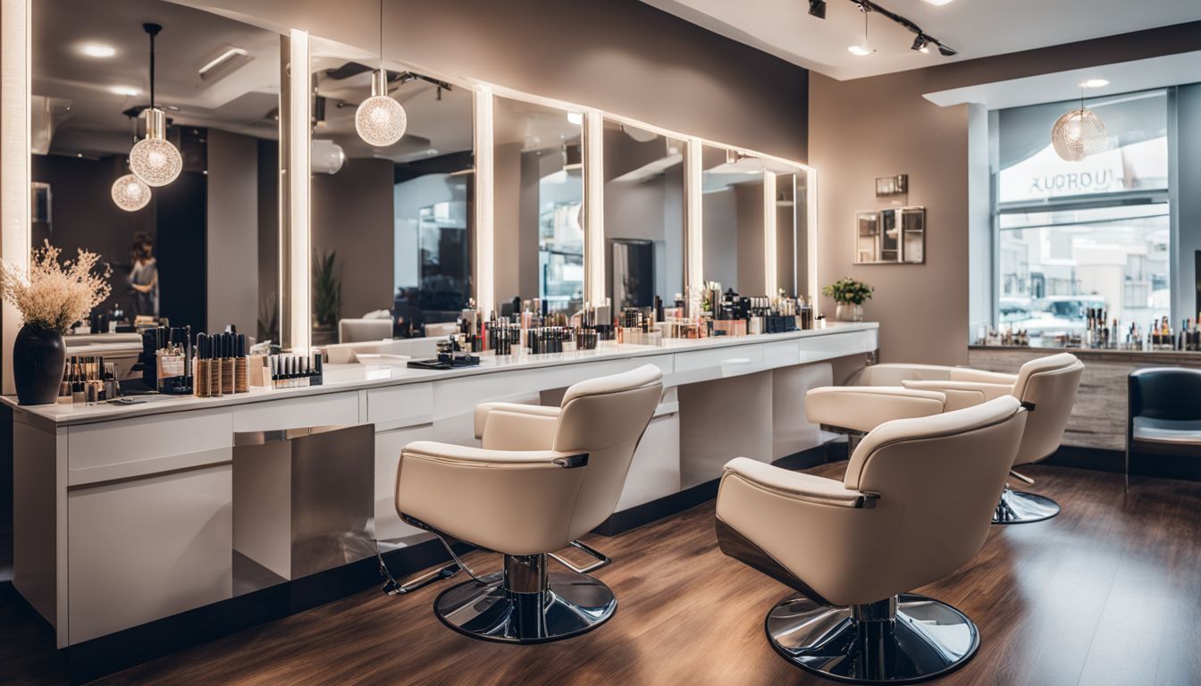 A vibrant and stylish beauty salon with a diverse range of customers and modern furnishings.