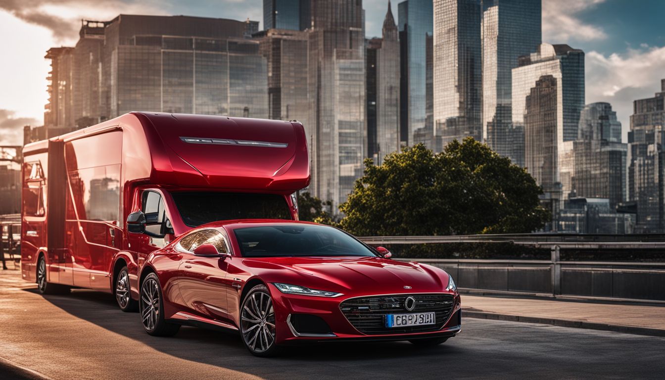 A shiny red luxury car is parked in front of a mobile polishing van in a bustling cityscape.