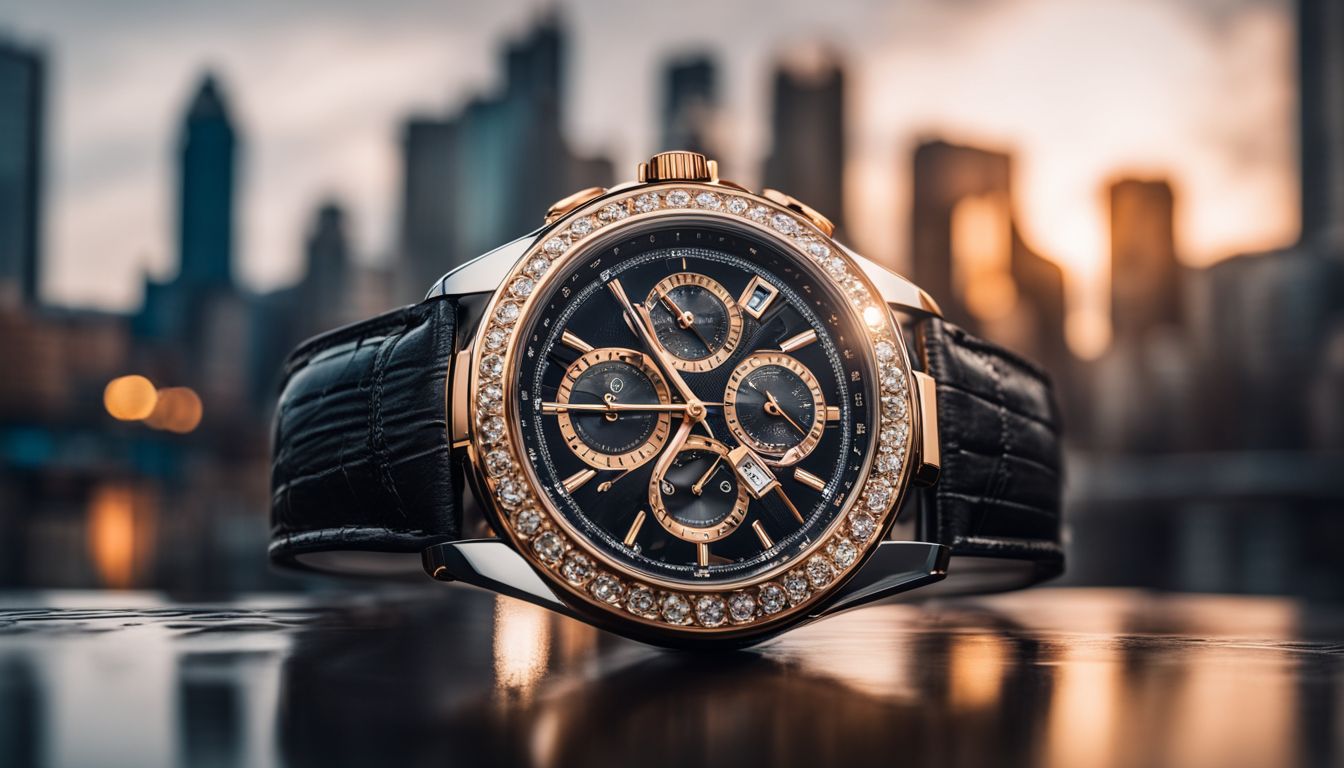 The photo features a high-end luxury watch displayed on a sleek glass surface in a bustling cityscape.