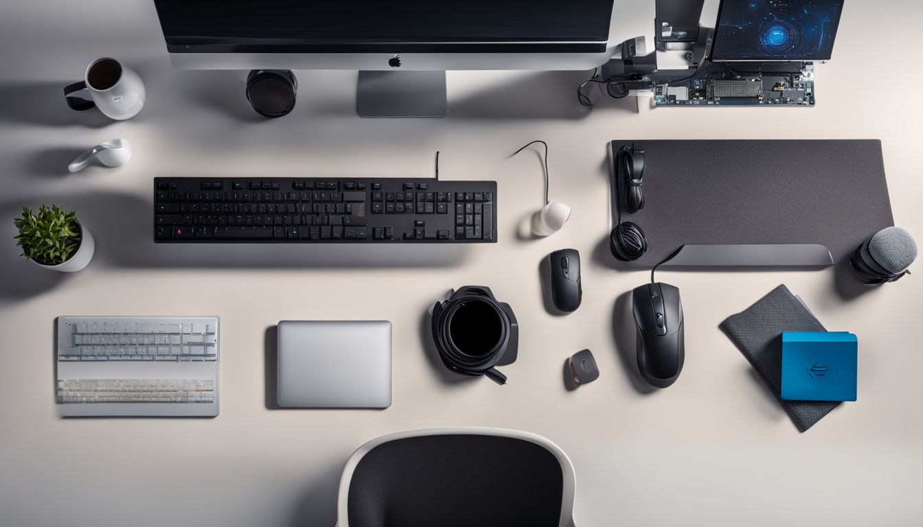 A top view of a sleek computer desk setup with state-of-the-art computer accessories and peripherals.