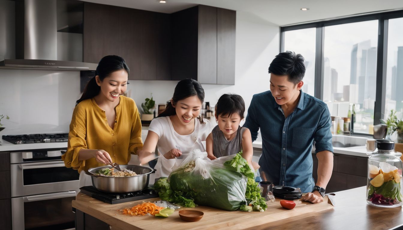 A Singaporean family works together to dispose of waste in their modern kitchen.