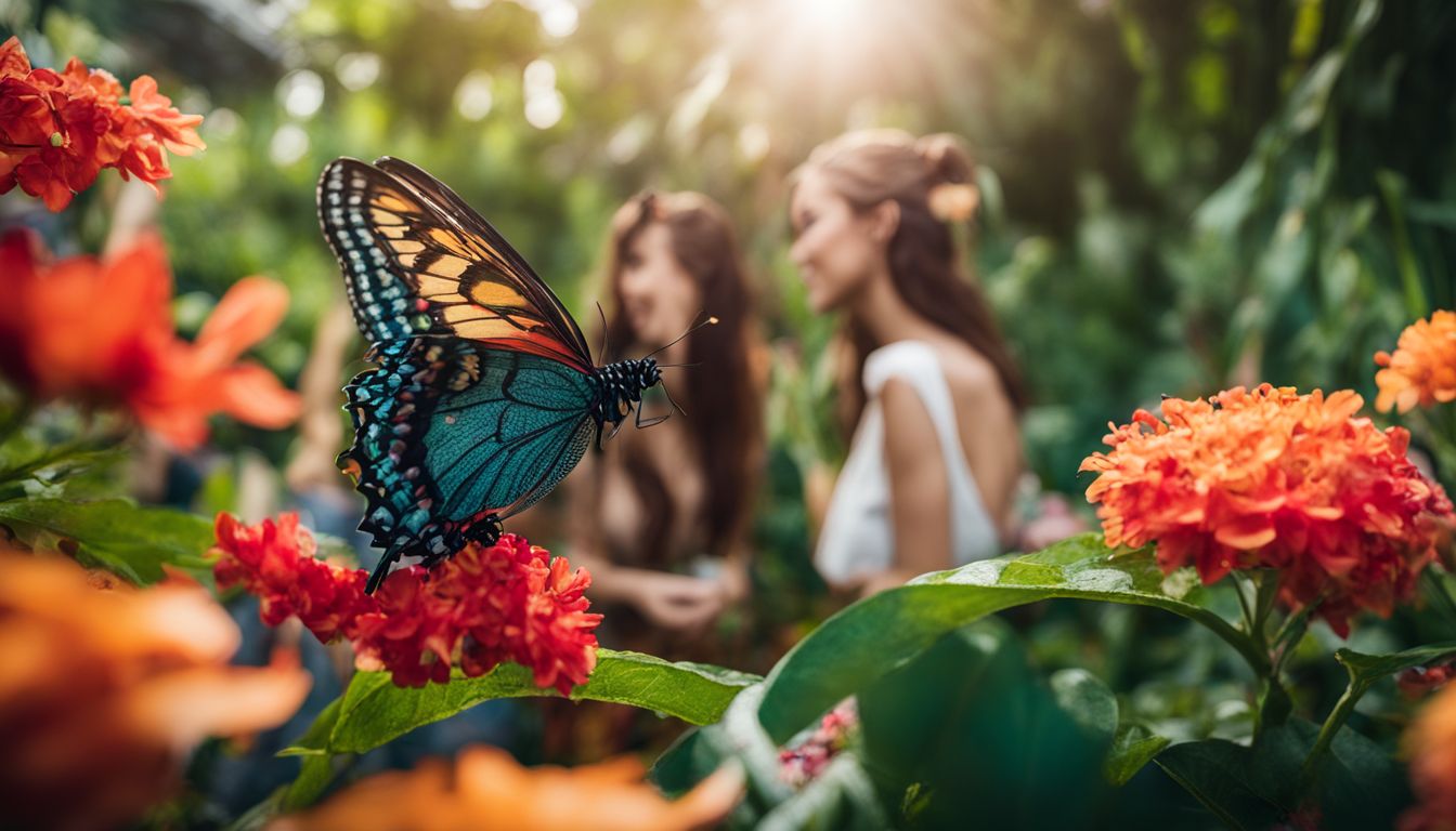 A vibrant garden with blooming flowers and a butterfly perched on a leaf, captured in stunning detail and clarity.