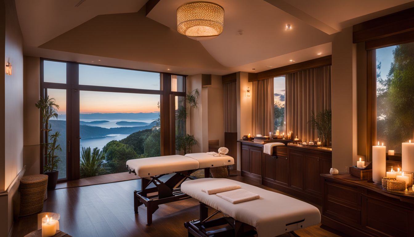 A tranquil spa room with a massage table, candles, and a relaxing atmosphere.