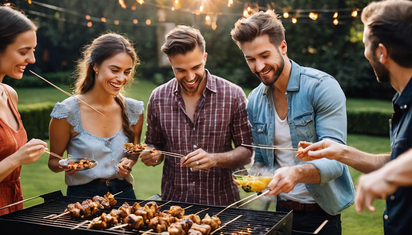 A group of friends enjoying a BBQ party in a garden with a variety of sizzling satay skewers on the grill.