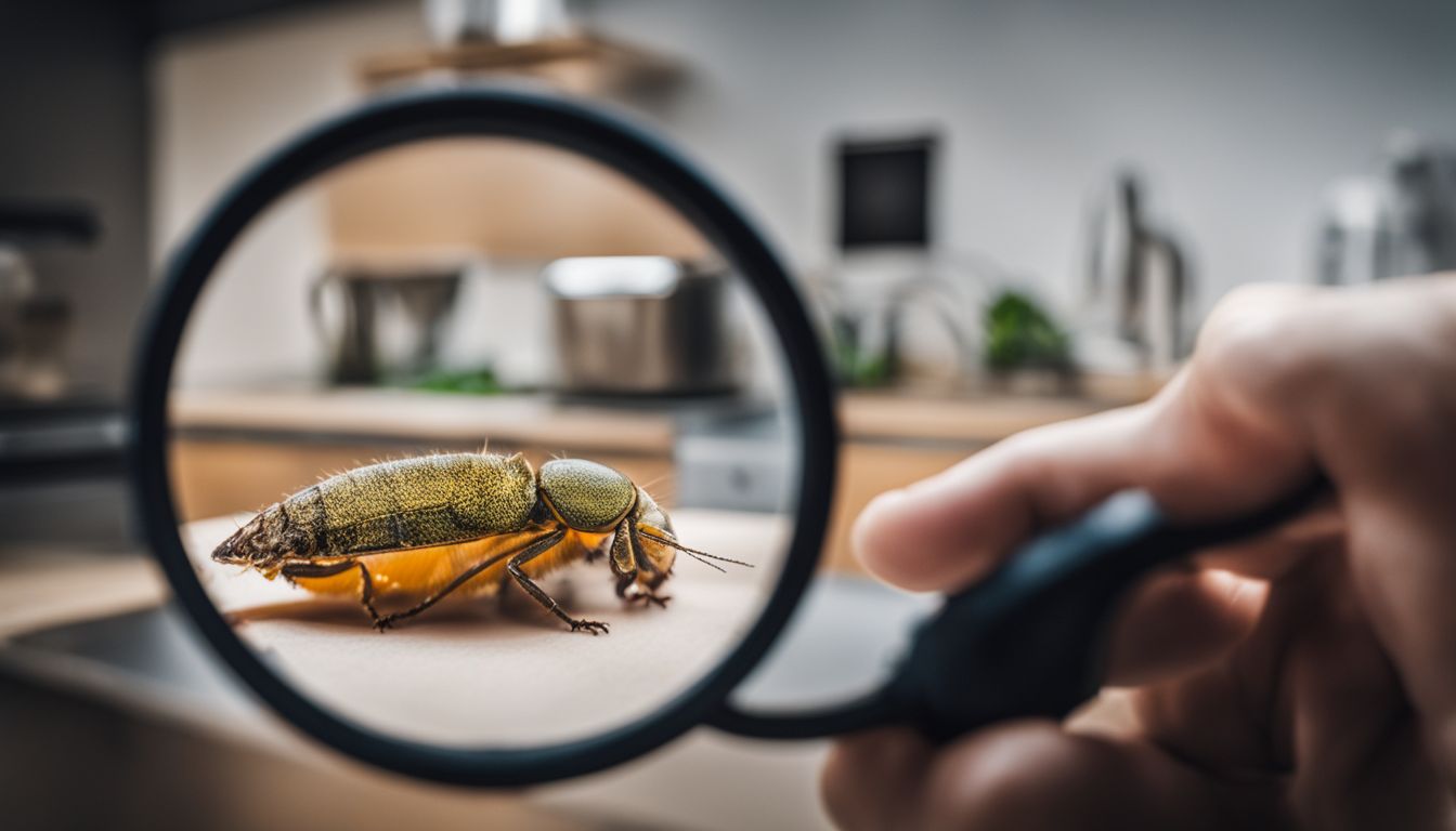 A person is using a magnifying glass to examine a pest in a residential kitchen.