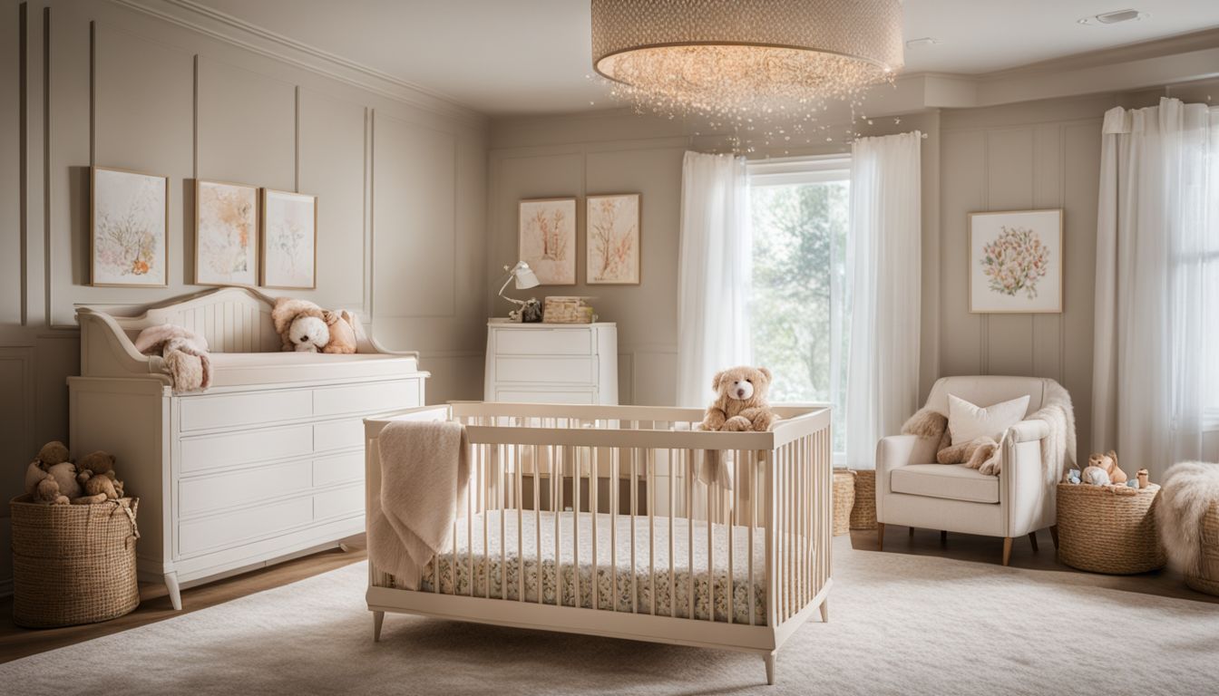 A beautifully decorated nursery with a crib, plush toys, and a bustling atmosphere.