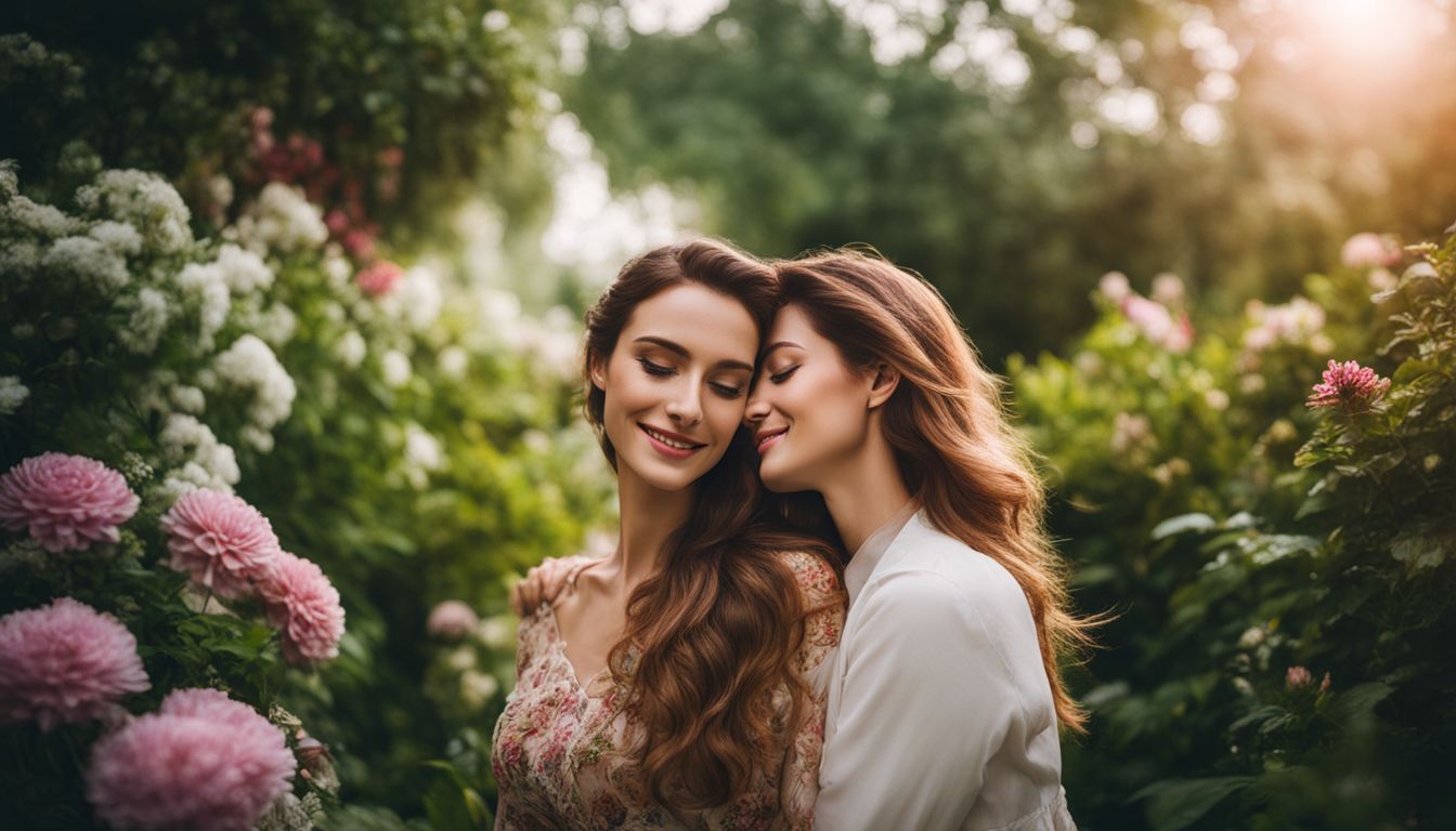 A couple embraces in a beautiful garden surrounded by nature and flowers.