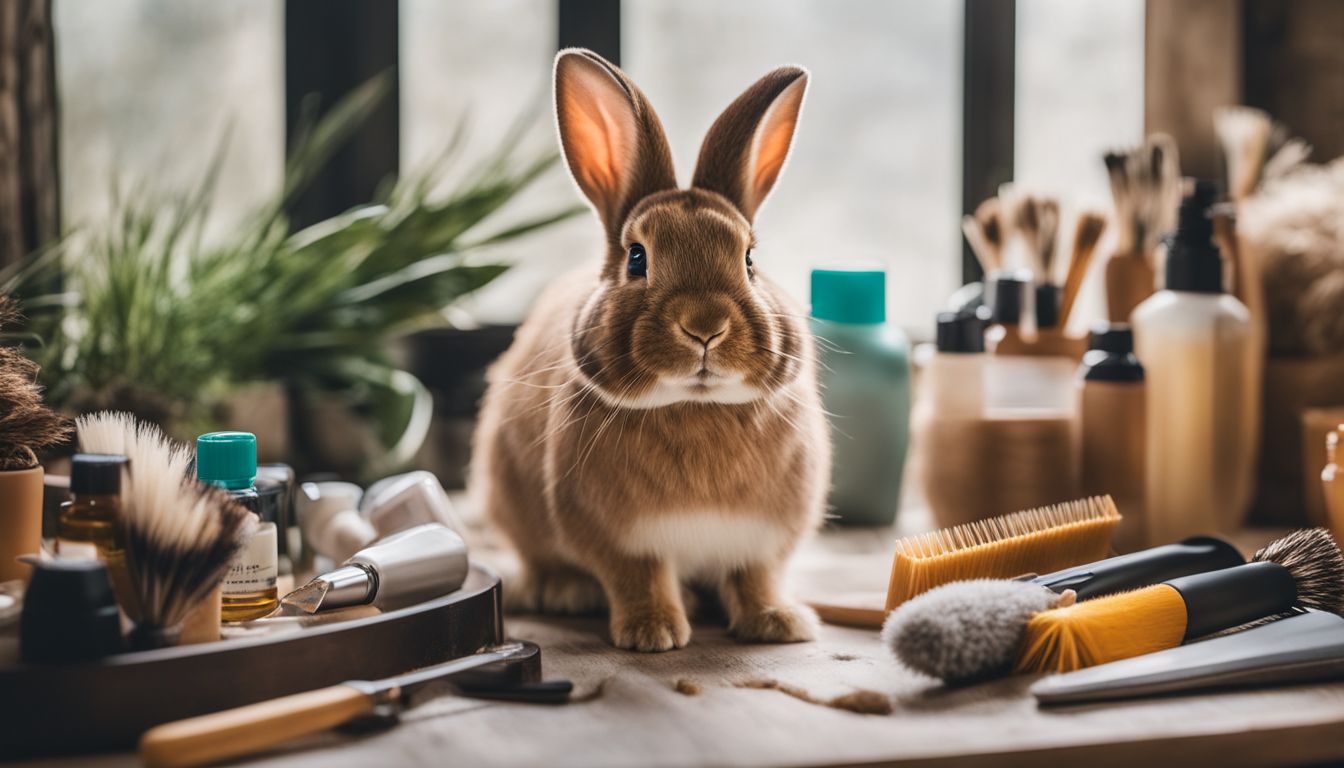 A happy rabbit surrounded by grooming tools and products in a bustling atmosphere, captured with high-quality photography equipment.