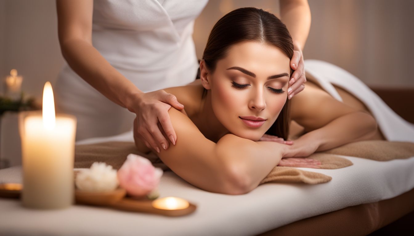 A woman receiving a relaxing massage while enjoying a lollipop in a serene spa setting.