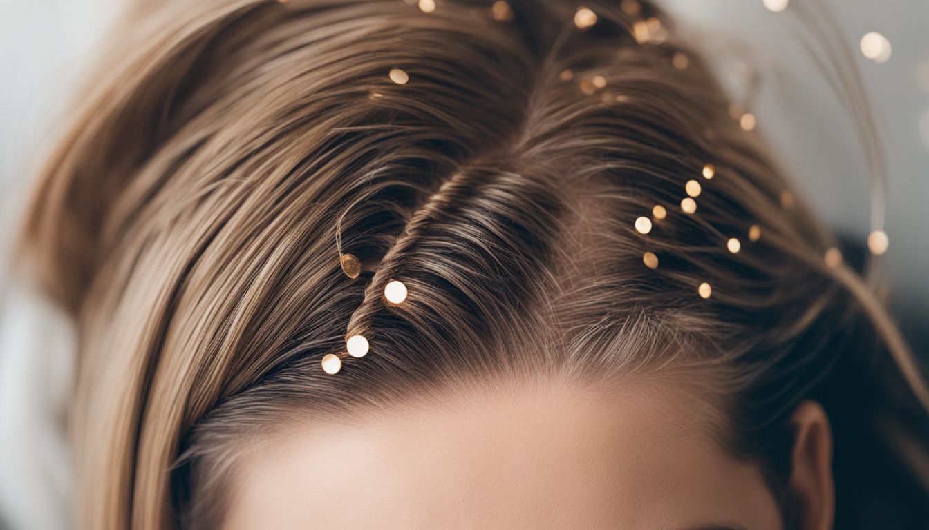 A close-up photo of a scalp with SMP dots surrounded by hair care products and featuring different faces, hair styles, and outfits.