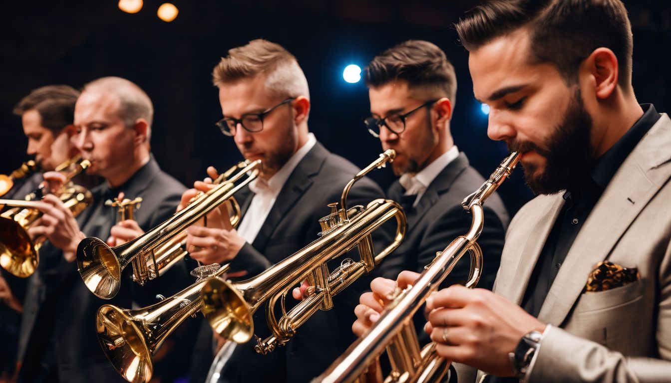 A diverse group of trumpet players perform together at a jazz concert in a bustling atmosphere.