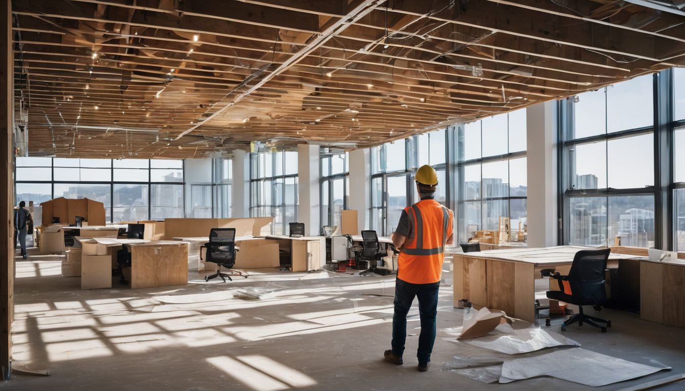 A confident construction worker installs ceiling boards in a modern office space.