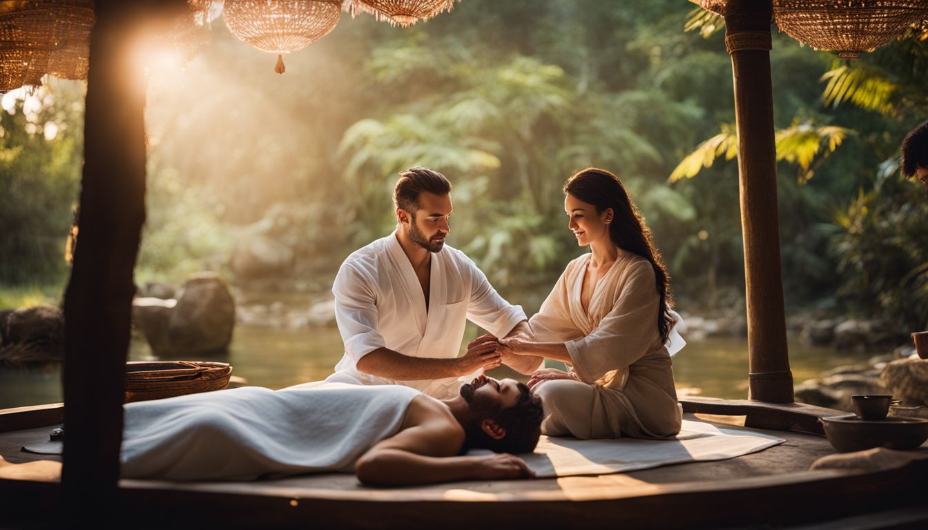 A couple enjoying a relaxing lingam massage in a serene outdoor setting.
