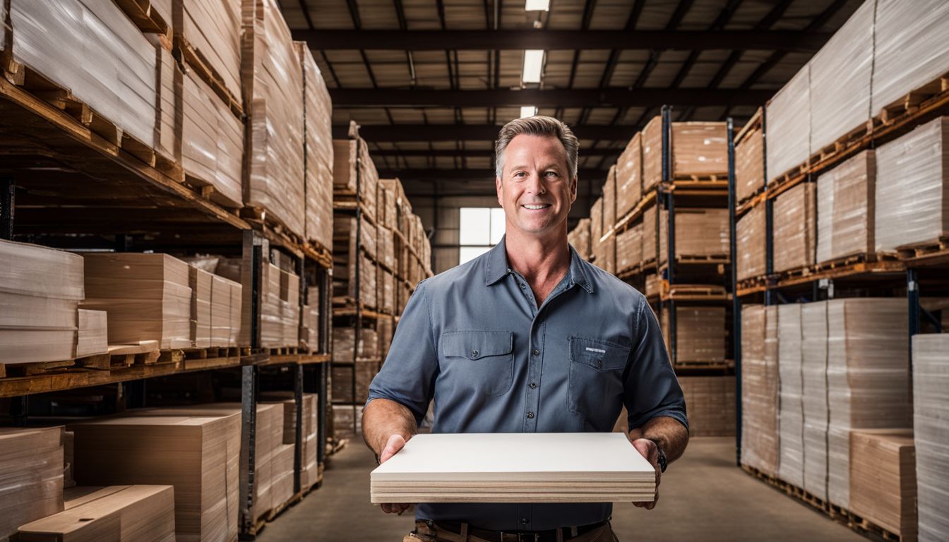 A contractor in a warehouse holds ceiling board samples, surrounded by a bustling atmosphere.
