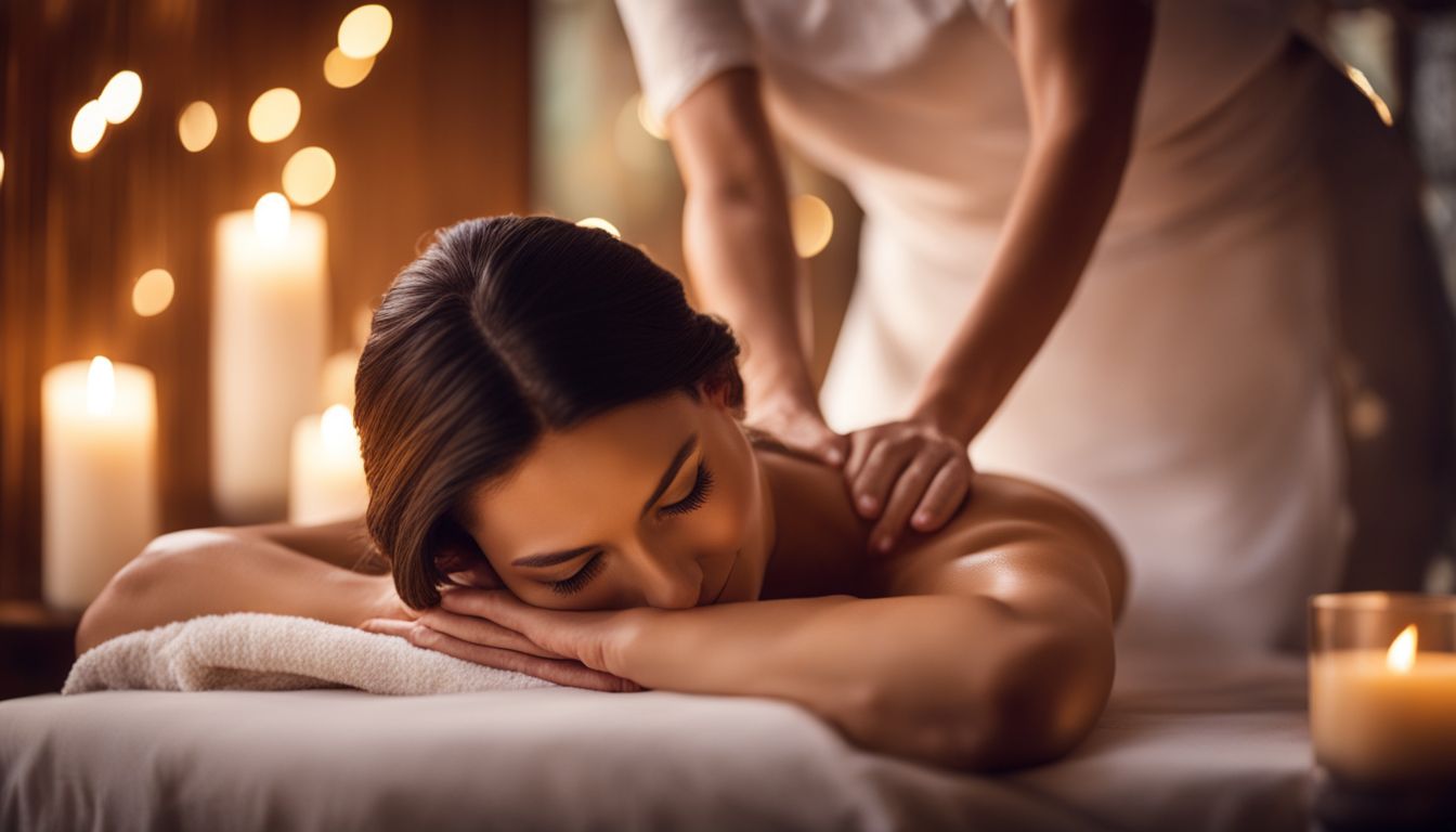 A woman enjoys a relaxing massage at a spa surrounded by candles and soft lighting.
