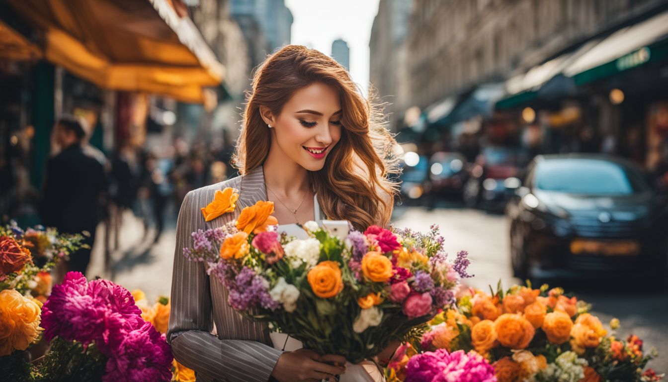 A businesswoman calls a money bouquet vendor amidst a vibrant flower setting, surrounded by a bustling atmosphere.