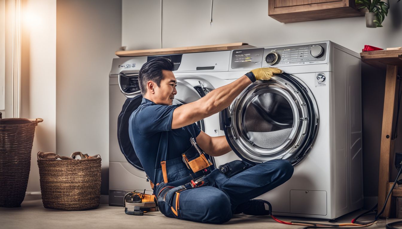 A handyman fixing a dryer in a Singaporean home with attention to detail and professional equipment.