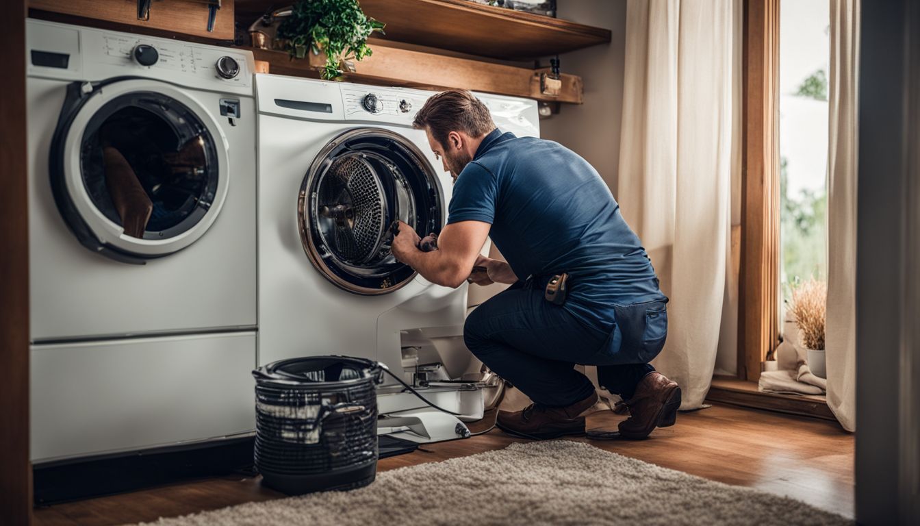 A repair technician fixing a dryer at a customer's home, captured with professional equipment and a cinematic aesthetic.
