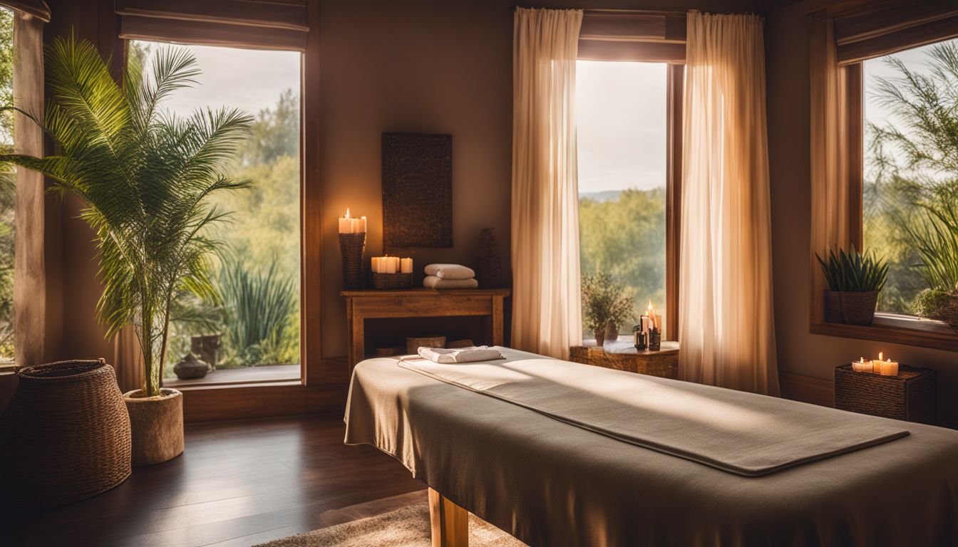 A spa room with a beautifully decorated massage table surrounded by soothing decorations and a bustling atmosphere.