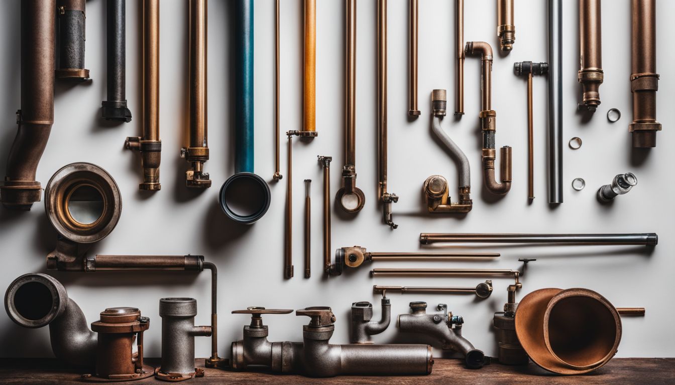 The photo showcases a well-arranged collection of pipes and plumbing tools on a white background.