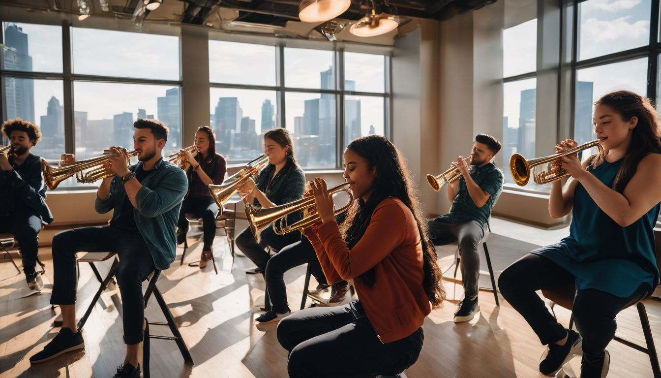 A diverse group of students playing trumpets in a vibrant music classroom.