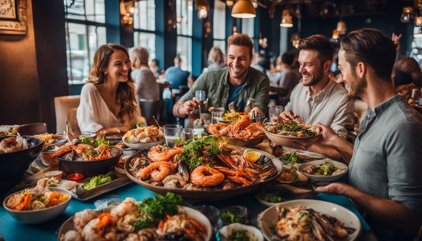 A group of diverse customers enjoy a seafood feast in a bustling atmosphere.