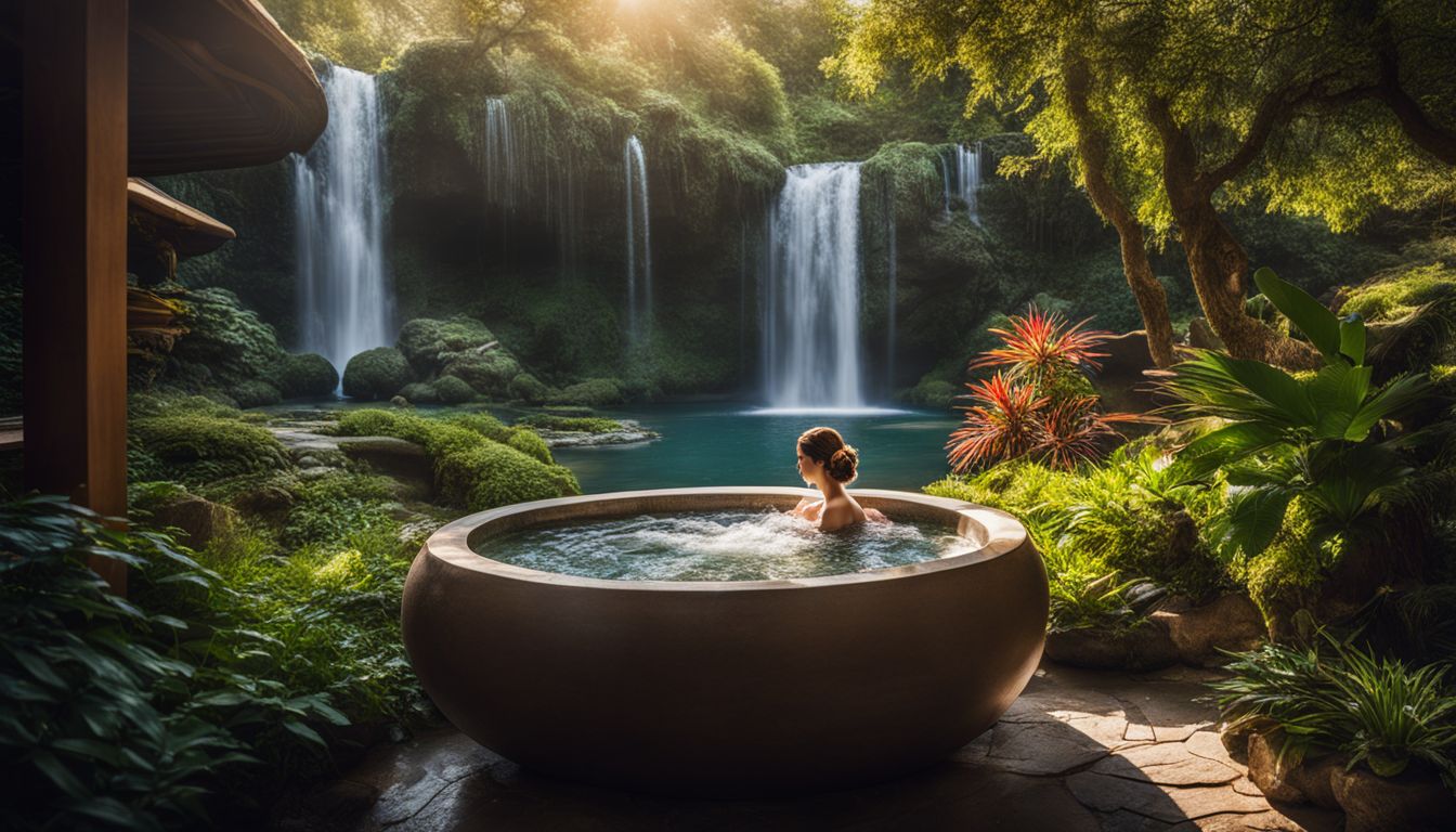 A tranquil spa set in a lush garden with flowing waterfall, showcasing diverse individuals in different outfits and hairstyles.