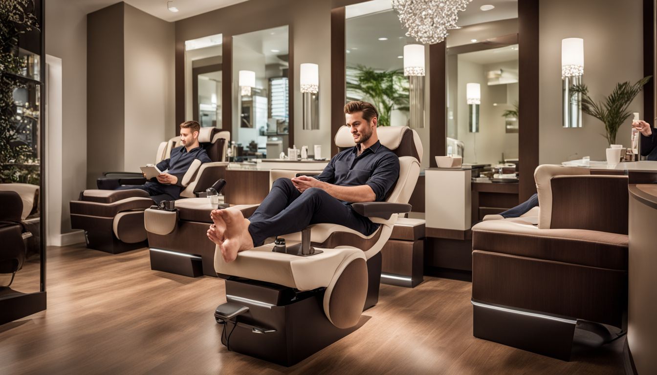 A well-groomed man enjoys a relaxing pedicure in a modern nail spa.