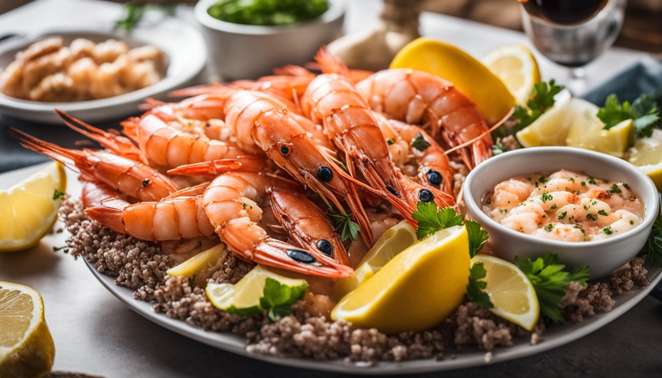 A close-up shot of a beautifully arranged seafood platter with fresh prawns.